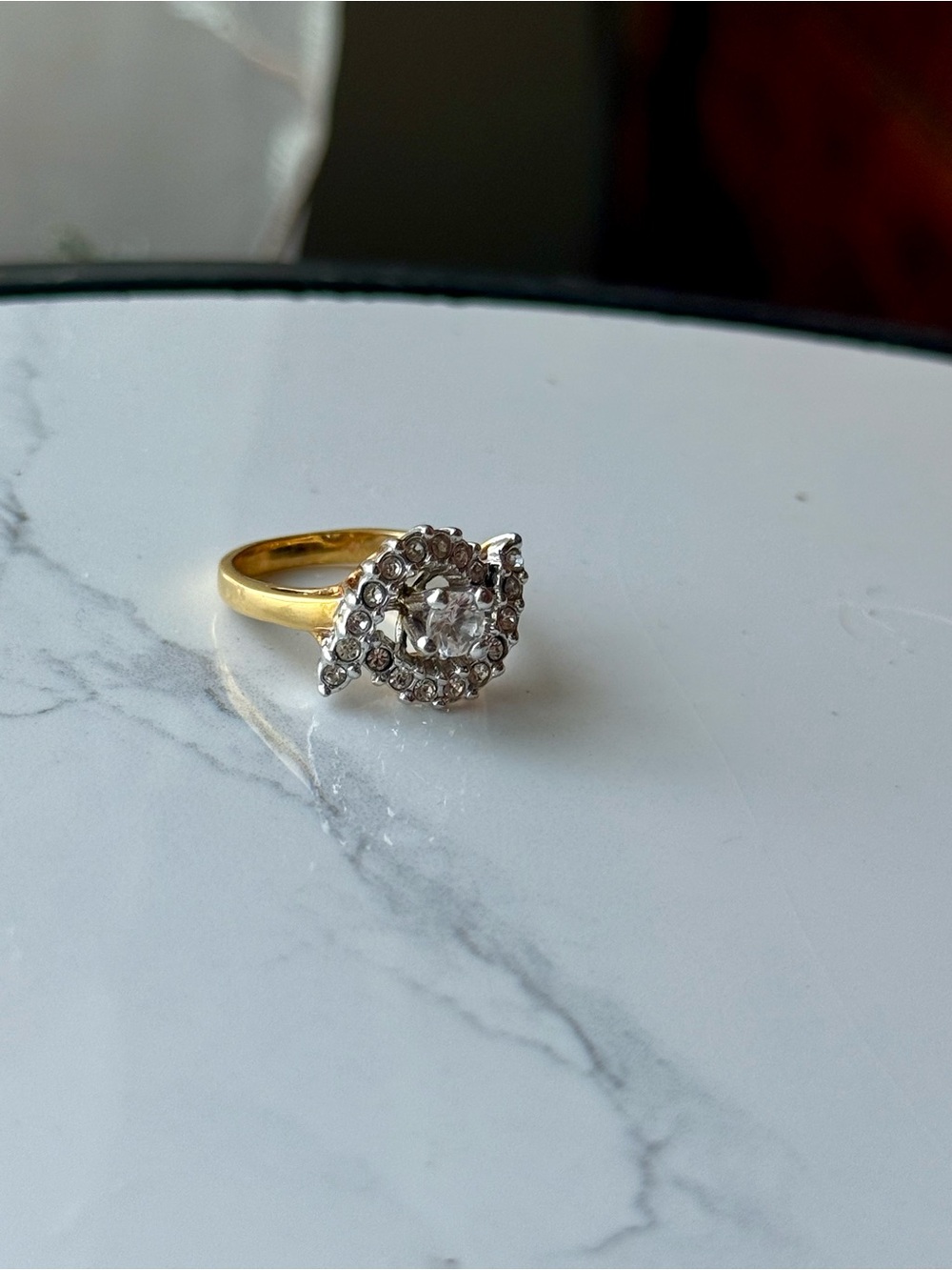 Vintage Gold Tone Swirl Halo CZ Cocktail Ring - Size 6 - Picture 2 of 9